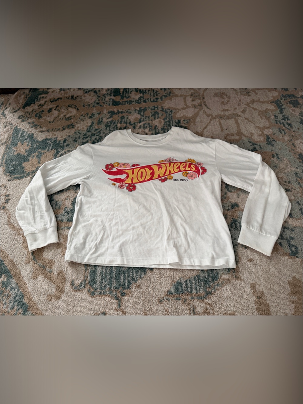 White Graphic Long Sleeve "Hot Tikes" Tee with Floral Logo size 10-12 girls